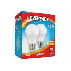 Eveready 8W=60W ES Warm White GLS Twin Pack LED